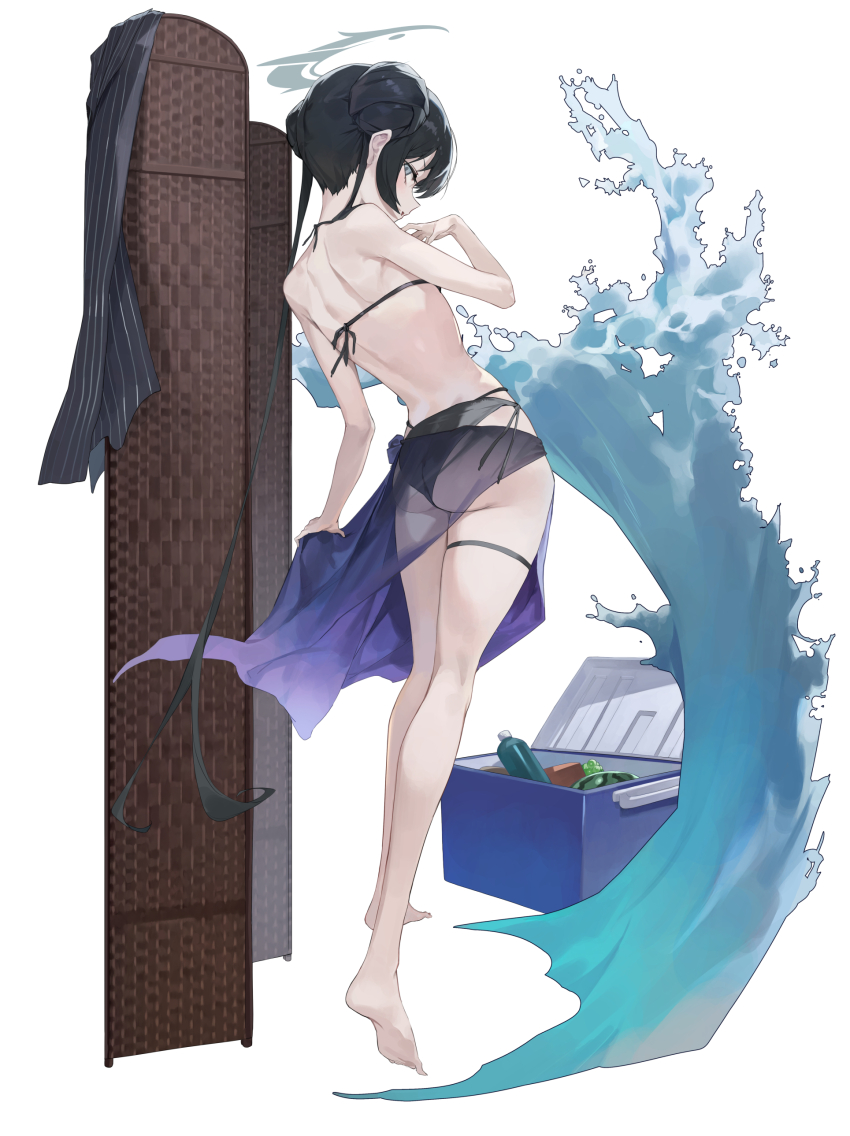 1girl absurdres ass back bare_shoulders barefoot bikini black_bikini black_hair blue_archive blush breasts butterfly_hair_ornament double_bun full_body grey_eyes hair_bun hair_ornament halo highres kisaki_(blue_archive) long_hair looking_at_viewer looking_back sarong sb_lama small_breasts solo swimsuit twintails