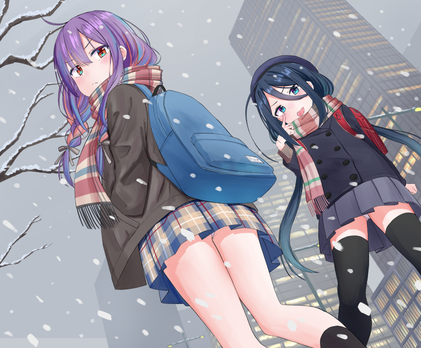 2girls aqua_hair backpack bag bare_legs bare_tree beret black_hair black_hat black_socks black_thighhighs blue_bag blue_eyes blush braided_twintails brown_coat brown_sweater building city city_lights cityscape closed_mouth coat commentary_request day double-parted_bangs feet_out_of_frame finger_to_eye frown gradient_hair grey_ribbon grey_skirt grey_sky hair_between_eyes hair_ribbon hands_in_pockets hat highres legs long_bangs long_hair long_sleeves looking_at_viewer miniskirt multicolored_hair multicolored_scarf multicolored_skirt multiple_girls orange_eyes original outdoors overcast panties pantyshot peacoat pink_hair plaid_clothes plaid_skirt pleated_skirt purple_hair randoseru red_bag ribbon scarf school_uniform skirt sky skyscraper snow snowing socks split_mouth streaked_hair striped_clothes striped_scarf sweater thighhighs tongue tongue_out tree underwear upskirt urushiushiru v-shaped_eyebrows very_long_hair white_panties winter winter_clothes zettai_ryouiki