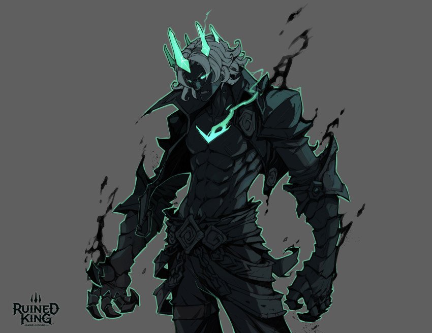 1boy abs angry armor black_skin clenched_teeth collarbone colored_skin cowboy_shot cropped_jacket crown gauntlets glowing glowing_eyes grey_background grey_hair hicham_habchi highres jacket league_of_legends navel no_shirt official_art open_clothes open_jacket pants ruined_king:_a_league_of_legends_story short_hair shoulder_armor simple_background solo teeth viego_(league_of_legends)