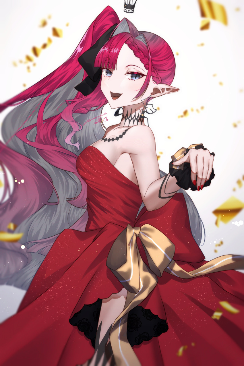 1girl absurdres baobhan_sith_(exhibition_attire)_(fate) baobhan_sith_(fate) baobhan_sith_(fgo_fes._2024)_(fate) baobhan_sith_(swimsuit_pretender)_(third_ascension)_(fate) bare_shoulders breasts crown dress earrings fate/grand_order fate_(series) grey_eyes hair_ribbon hamanekoko highres jewelry long_hair looking_at_viewer open_mouth pink_hair pointy_ears reaching reaching_towards_viewer red_dress red_nails ribbon side_ponytail single_sidelock smile solo white_background wrist_cuffs