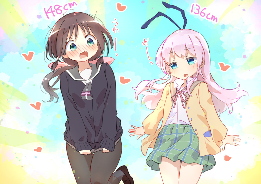 2girls absurdres black_cardigan black_pantyhose blue_background blue_eyes blush brown_hair brown_shoes cardigan collared_shirt commentary_request commission cosplay costume_switch crossover d: dress_shirt embarrassed green_skirt grey_neckerchief grey_sailor_collar grey_skirt heart height height_difference highres honda_tamaki honda_tamaki_(cosplay) icorasama jacket loafers long_hair long_sleeves loose_neck_ribbon low-tied_sidelocks low_ponytail microskirt miniskirt multiple_girls naganawa_maria neck_ribbon neckerchief nose_blush open_clothes open_jacket open_mouth pantyhose pink_hair pink_ribbon plaid_clothes plaid_skirt pleated_skirt ponytail ribbon sailor_collar school_uniform sengoku_kamuri sengoku_kamuri_(cosplay) serafuku shirt shoes sidelocks skeb_commission skirt skirt_tug slow_start stella_no_mahou undersized_clothes voice_actor_connection wavy_mouth white_shirt yellow_jacket