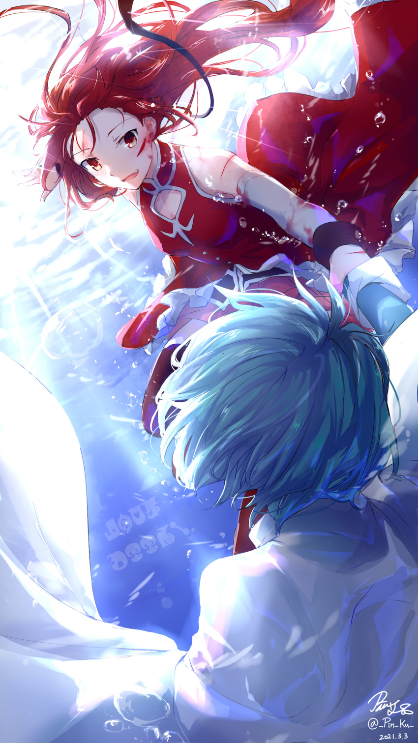 2girls arm_grab bare_shoulders blood blue_hair boots cape cuts hair_down hair_ribbon highres injury long_hair madoka_runes mahou_shoujo_madoka_magica mahou_shoujo_madoka_magica_(anime) miki_sayaka miki_sayaka_(magical_girl) multiple_girls open_mouth pin.s red_eyes red_hair red_legwear ribbon sakura_kyoko sakura_kyoko_(magical_girl) short_hair skirt smile thigh_boots thighhighs underwater