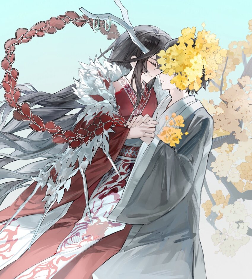 2boys :o black_hair bochishiraita closed_eyes dragon_horns e.g.o_(project_moon) facing_another gradient_background hanbok highres holding_hands hong_lu_(project_moon) horns korean_clothes limbus_company long_hair male_focus multiple_boys noses_touching project_moon short_hair smile spicebush_(e.g.o) tears_of_the_tarnished_blood_(e.g.o) technology_liberation_alliance_(identity)_(project_moon) very_long_hair yaoi yi_sang_(project_moon)