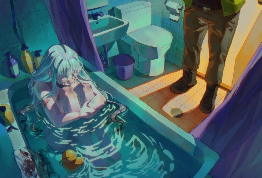 1boy 1girl artist_self-insert bathroom boots boyfriend_to_death bruise clothed_male_nude_female commentary curled_up curtains english_commentary from_above half-closed_eye hand_on_own_arm hugging_own_legs in_bathtub indoors injury looking_at_another mirror nude one_eye_closed open_door pants partially_submerged peeking ripples rubber_duck shadow sink sitting soap_bottle soureeeee standing stitches strade_(boyfriend_to_death) tile_floor tile_wall tiles toilet toilet_paper trash_can