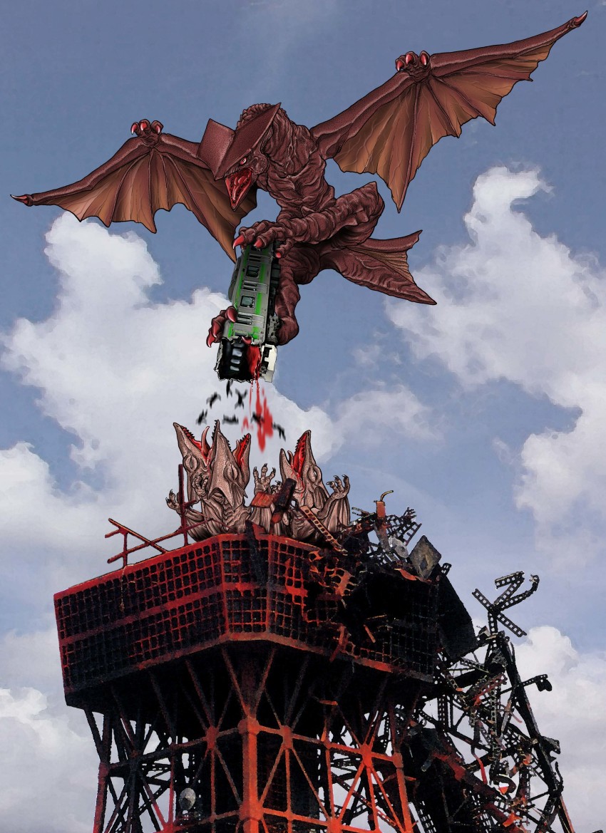 absurdres baby blood cloud daiei_film death destruction eating emaciated family gamera_(series) giant giant_monster gyaos highres horror_(theme) japan kaiju monster multiple_persona muscular nest parent_and_child real_world_location ribs satoru33 super_gyaos tokyo_tower train wings