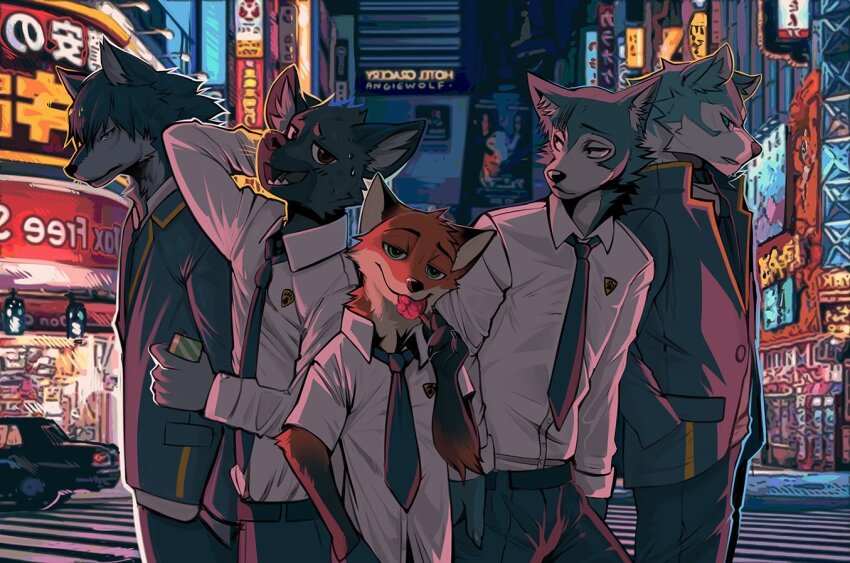 5boys aggressive_retsuko angiewolf animal_ear_fluff animal_ears arm_behind_back artist_name beastars black_pants blue_hair brand_new_animal brown_fur cityscape closed_mouth coat dog_nose fangs food food_in_mouth fox_boy fox_ears grey_coat grey_fur grey_hair haida_(aggretsuko) hand_on_own_hip hands_in_pocket holding holding_food hyena_boy hyena_ears legoshi looking_at_viewer looking_to_the_side multiple_boys necktie nick_wilde ogami_shirou ookami_kodomo_no_ame_to_yuki ookami_otoko open_mouth orange_fur pants scar_across_eyebrow scar_on_face school_uniform shirt spotted_fur sweatdrop white_shirt wolf_boy wolf_ears zootopia