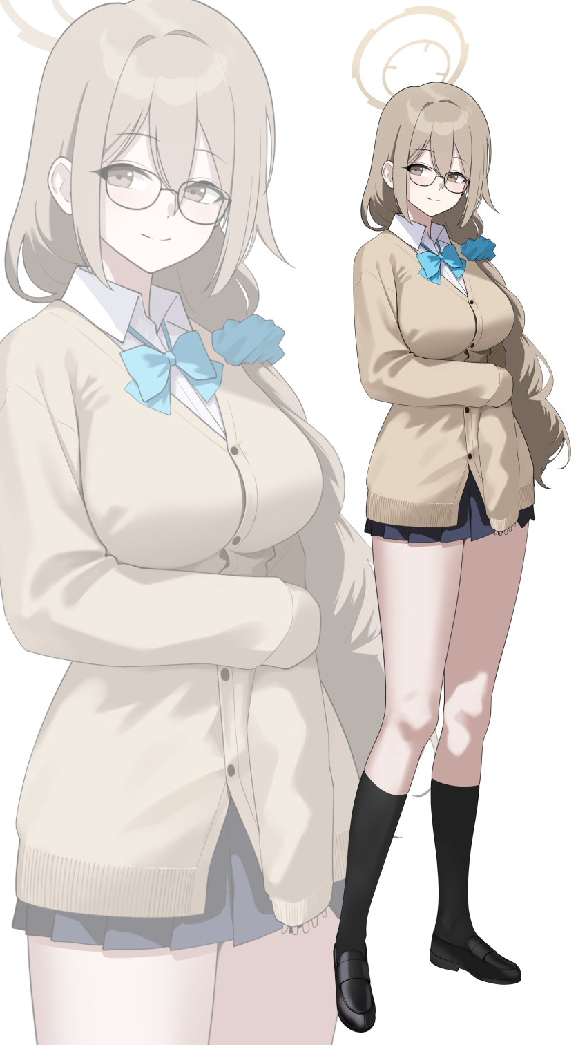 1girl absurdres akane_(blue_archive) akane_(school_uniform)_(blue_archive) aqua_bow aqua_bowtie arm_under_breasts black-framed_eyewear black_shoes black_skirt black_socks blue_archive bow bowtie breasts brown_cardigan brown_hair cardigan full_body glasses hair_ornament hair_over_shoulder hair_scrunchie halo highres kneehighs large_breasts loafers long_hair miniskirt official_alternate_costume pleated_skirt school_uniform scrunchie shirt shoes simple_background skirt sleeves_past_wrists smile socks takkun0926 very_long_hair white_background white_shirt zoom_layer
