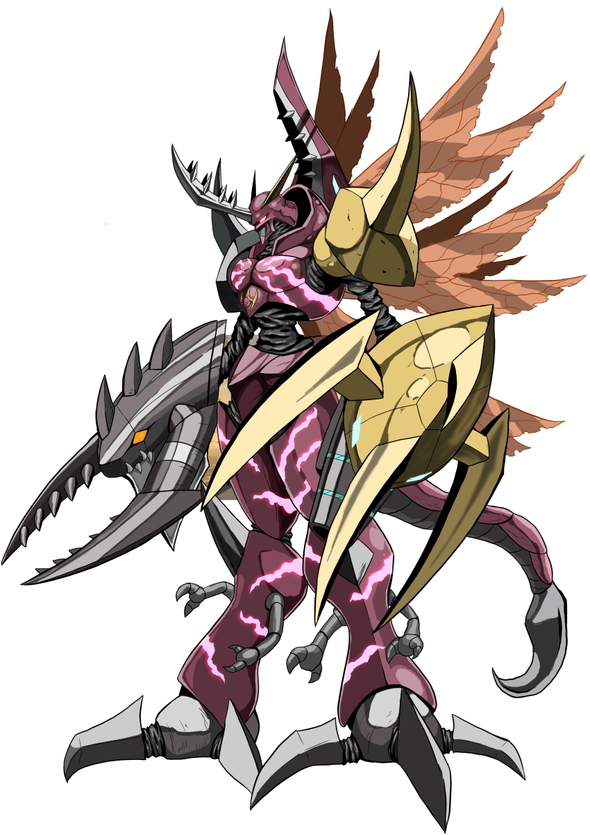 absurdres claws digimon digimon_(creature) fusion glowing glowing_eyes grankuwagamon heraklekabuterimon highres horns omegamon original pincers red_eyes sutunununu tail yellow_eyes
