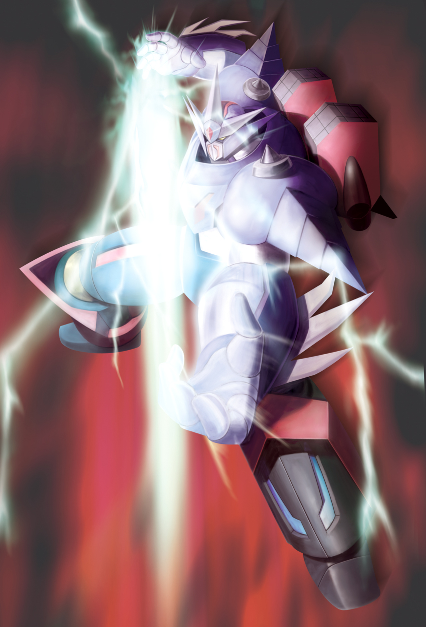 bad_id bad_pixiv_id getter_robo gradient_background highres hiro_(hibikigaro) lightning mecha mecha_focus neo_getter-1 no_humans robot shin_getter_robo_vs_neo_getter_robo solo toei_animation