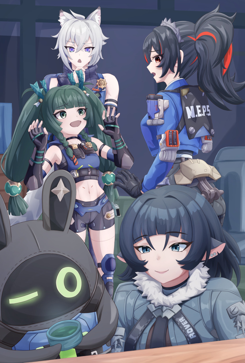 1boy 3girls android animal_ears ass bangboo_(zenless_zone_zero) bare_shoulders black_choker black_gloves black_hair black_shorts blue_jacket blue_vest blunt_bangs braid breasts cat_boy cat_ears cat_tail choker closed_mouth commentary_request cup elbow_gloves fingerless_gloves fur-trimmed_jacket fur_trim gloves green_eyes green_hair green_jacket hair_between_eyes handlebar hands_up high-waist_pants highres holding holding_cup holster holstered indoors jacket jane_doe_(zenless_zone_zero) knee_pads long_hair looking_at_another medium_breasts metal_hairband midriff mouse_ears mouse_girl multicolored_hair multiple_girls navel open_mouth pants police police_badge police_uniform policeman policewoman ponytail profile purple_eyes qingyi_(zenless_zone_zero) red_eyes red_hair robot_girl securityboo_(zenless_zone_zero) seth_lowell short_hair shorts shoulder_holster side_braids sidelocks small_breasts smile standing streaked_hair sugunejineji tail tea thick_eyebrows tight_clothes tight_pants triangle_mouth twintails two-tone_hair vest white_hair zenless_zone_zero zhu_yuan