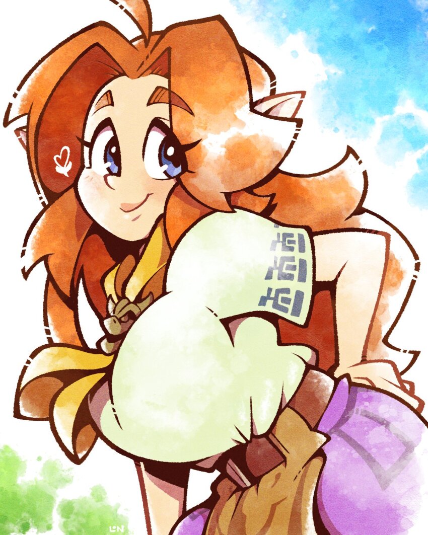 1girl blue_eyes brown_hair highres legendofnerd long_hair looking_at_viewer malon nintendo shirt short_sleeves smile solo the_legend_of_zelda the_legend_of_zelda:_ocarina_of_time white_shirt