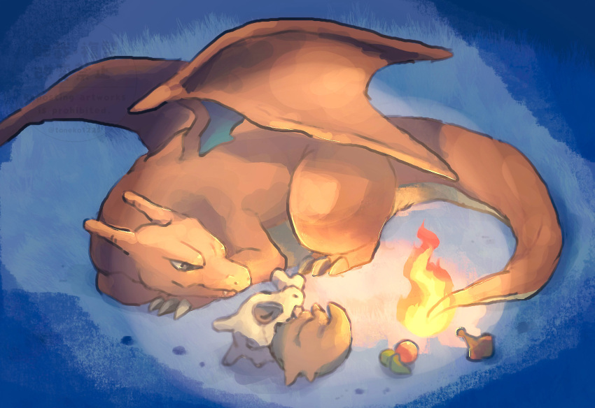 berry_(pokemon) blue_eyes bone charizard claws closed_mouth cubone fang figy_berry fire gen_1_pokemon highres leppa_berry lying nintendo no_humans pokemon pokemon_(creature) sleeping smile tail toneko wings