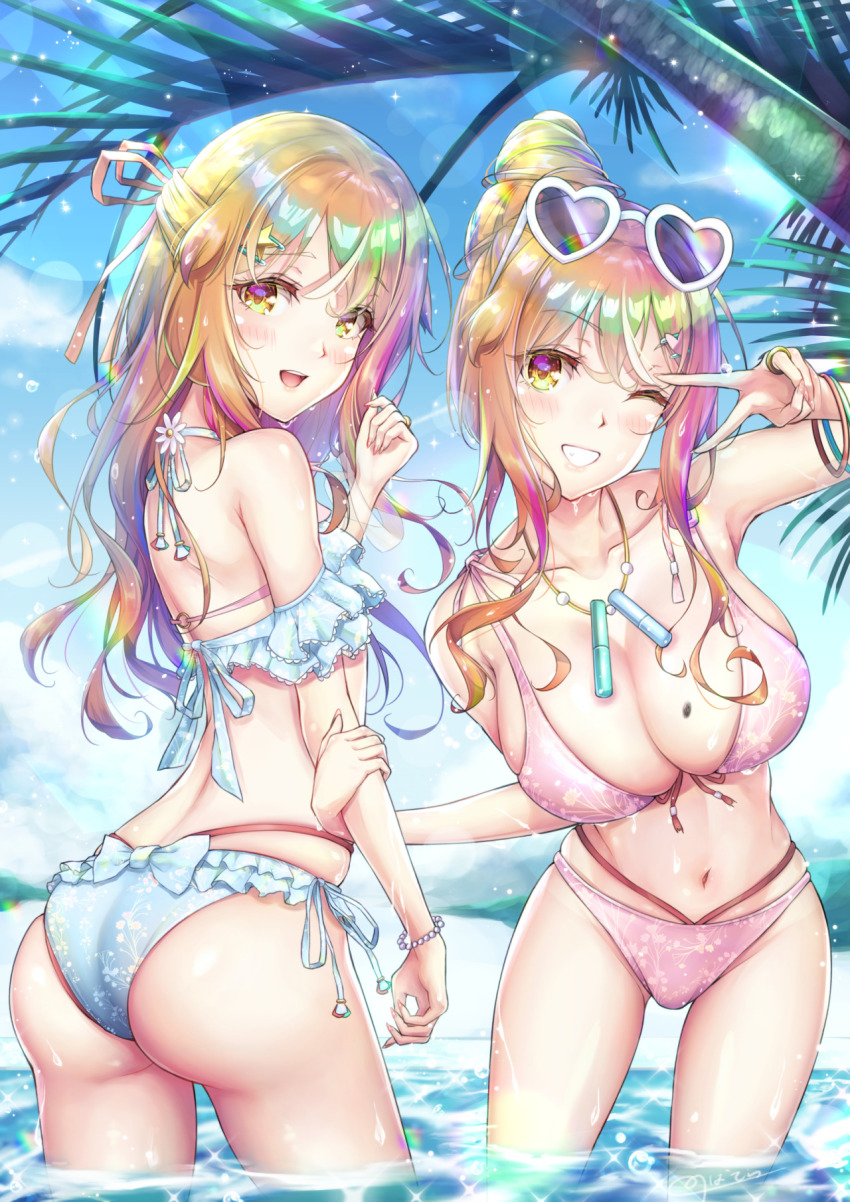 1boy 1girl ass bare_shoulders bikini blonde_hair blush bow breasts brother_and_sister cleavage from_behind grin hair_bun heart heart-shaped_eyewear highres huge_ass large_breasts leaning leaning_forward long_hair looking_at_viewer looking_back natsusora_aona natsusora_wakana navel novady one_eye_closed open_mouth original shiny_skin siblings single_hair_bun smile sunglasses sunglasses_on_head swimsuit trap twins v water wet wink yellow_eyes