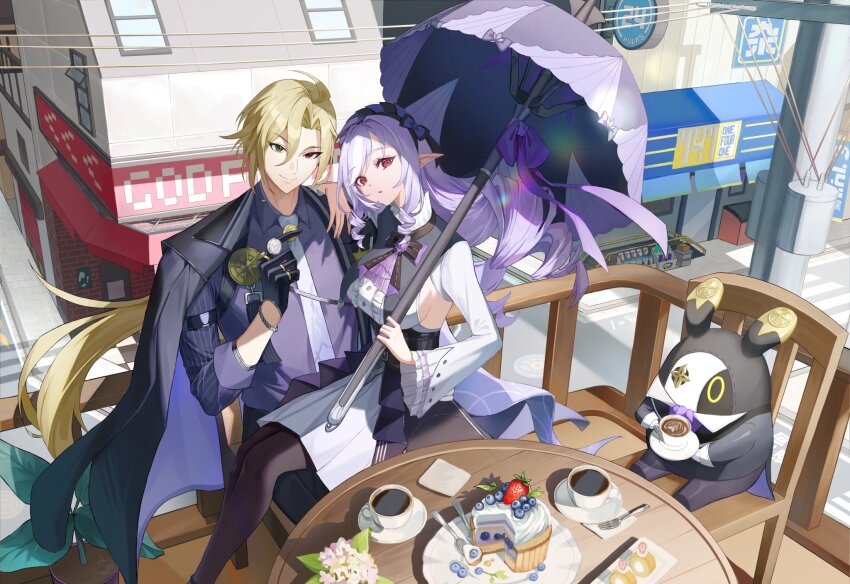1boy 1girl ascot bangboo_(zenless_zone_zero) black_gloves black_jacket black_pantyhose blonde_hair bow bowtie center_frills coin cup day frills gem gloves gold_ring gradient_necktie hairband heterochromia highres holding holding_coin holding_cup holding_umbrella hugo_vlad jacket kama_(kama_ovo) lapel_pin long_hair mole mole_under_eye necktie outdoors pantyhose patterned_legwear pointy_ears purple_ascot purple_bow purple_bowtie purple_gemstone purple_hair purple_hairband purple_necktie purple_shirt purple_umbrella red_eyes shirt shrug_(clothing) sideboob_cutout sitting sitting_on_lap sitting_on_person smile umbrella vivian_banshee white_shrug zenless_zone_zero