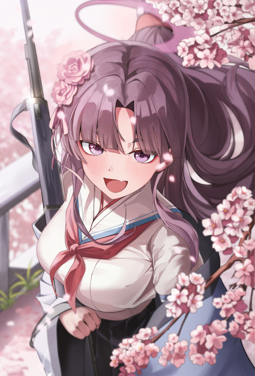 1girl absurdres black_hair black_skirt blue_archive blue_haori blush breasts cherry_blossoms commentary fang flower from_above gemb gun hair_flower hair_ornament halo haori highres hikimayu holding holding_gun holding_weapon japanese_clothes large_breasts long_hair long_sleeves looking_at_viewer neckerchief outdoors pink_flower pink_rose pleated_skirt pointy_ears purple_halo red_neckerchief rifle rose sailor_collar school_uniform serafuku shirt skin_fang skirt solo thick_eyebrows weapon white_sailor_collar white_shirt wide_sleeves yukari_(blue_archive)