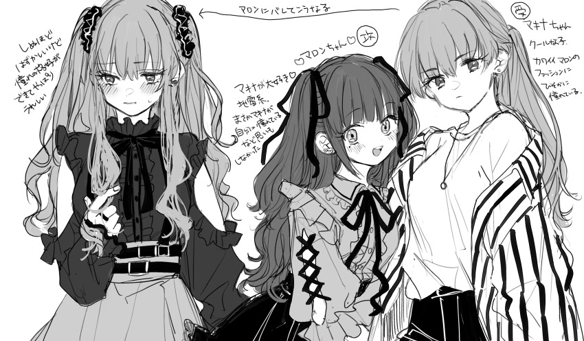 3girls amane_(7783) blush center_frills clothing_cutout commentary_request earrings frills greyscale highres jewelry jirai_kei long_hair looking_at_viewer mole mole_under_eye monochrome multiple_girls neck neck_ribbon open_mouth original ponytail ribbon shirt shoulder_cutout sidelocks sweatdrop teeth translation_request twirling_hair two_side_up upper_teeth_only
