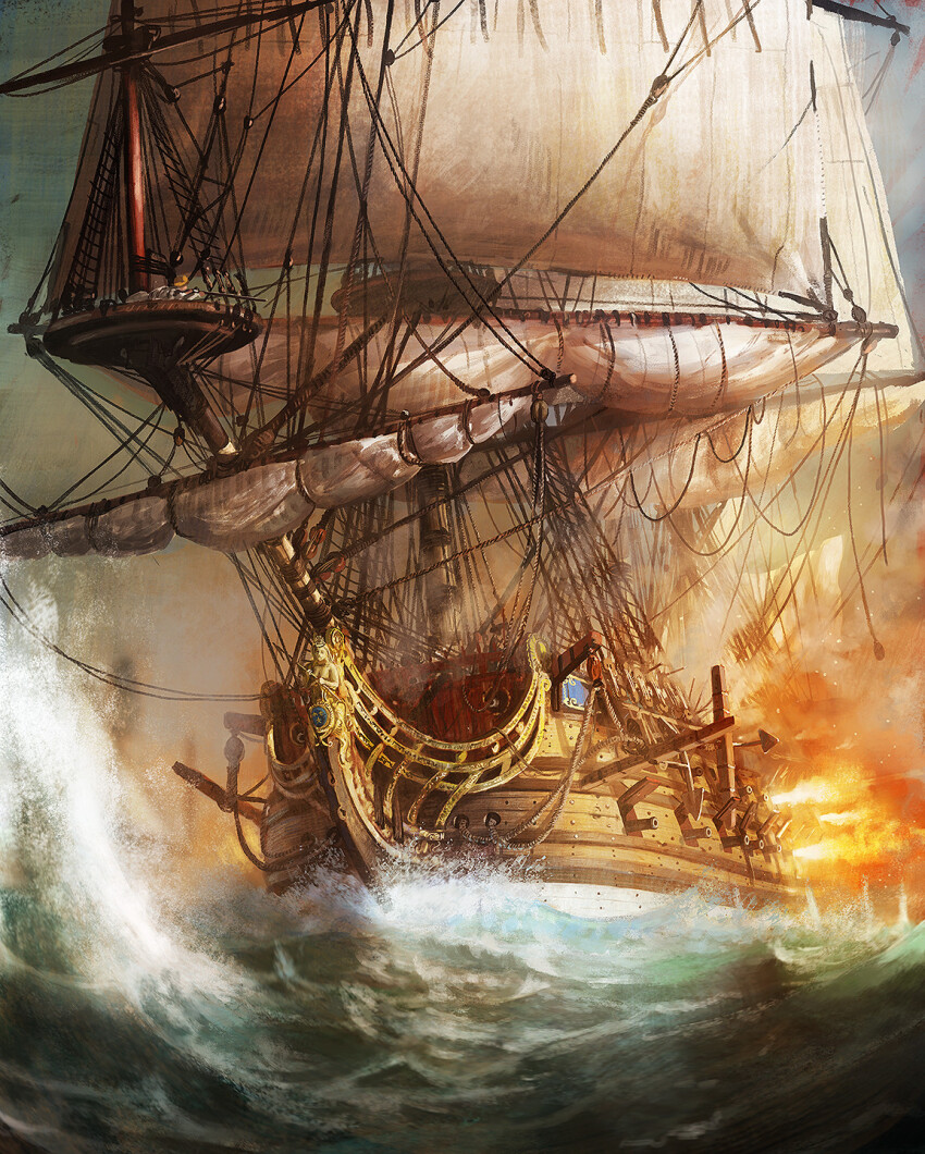boat cannon commentary edouard_groult english_commentary fire gun highres holding holding_gun holding_weapon ocean original people rifle sail ship_of_the_line smoke vehicle_focus warship watercraft waves weapon