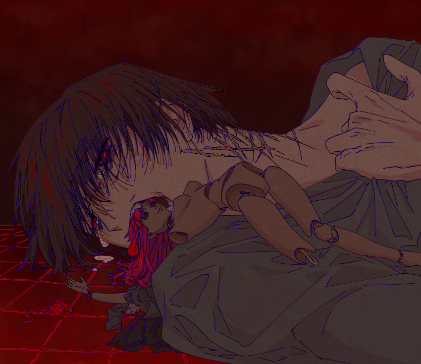 1boy abstract_background absurdres bags_under_eyes broken_doll brown_hair character_doll chinese_commentary clutching_clothes commentary_request crying crying_with_eyes_open doll grey_robe hair_over_eyes highres hitomi_hirosuke_(sayonara_wo_oshiete) lying male_focus mouth_hold multiple_scars on_back on_floor open_mouth red_background red_eyes robe sayonara_wo_oshiete scar scar_on_neck short_hair solo tears tile_floor tiles ueno_koyori upper_body variant_set yanquan_shui_bu_xing