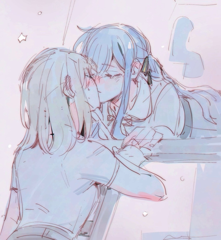 2girls bang_dream! bang_dream!_it&#039;s_mygo!!!!! blonde_hair blue_hair blush closed_eyes ear_blush hair_ribbon kiss ladder long_hair maybecrosswise medium_hair misumi_uika multiple_girls parted_lips ribbon short_hair sidelocks sweatdrop togawa_sakiko yuri