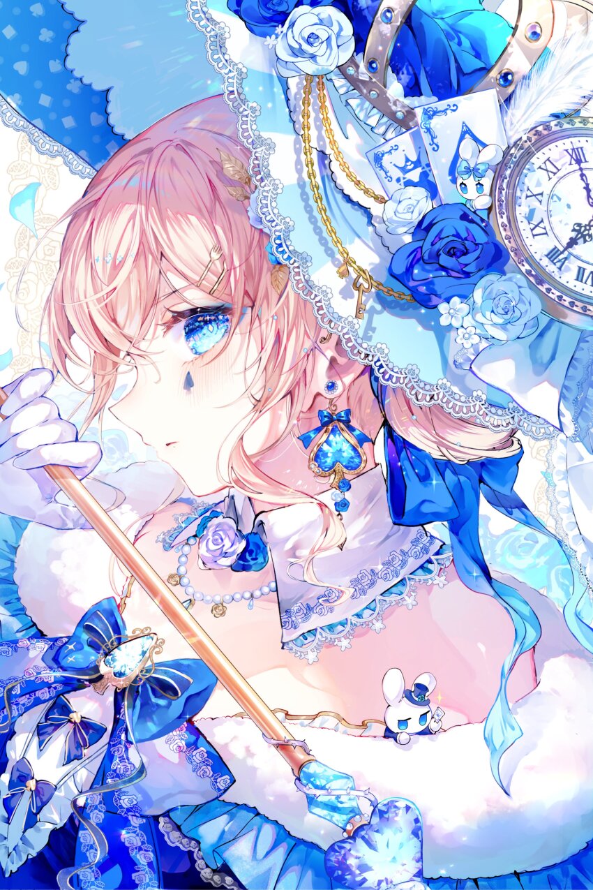1girl absurdly_detailed_composition absurdres blonde_hair blue_eyes bow bowtie clock detached_collar earrings facial_tattoo flower fur_trim hat heart heart_earrings highres holding holding_wand jewelry necklace noyu_(noyu23386566) original poker portrait profile rose sideways_glance solo stuffed_animal stuffed_rabbit stuffed_toy tattoo wand