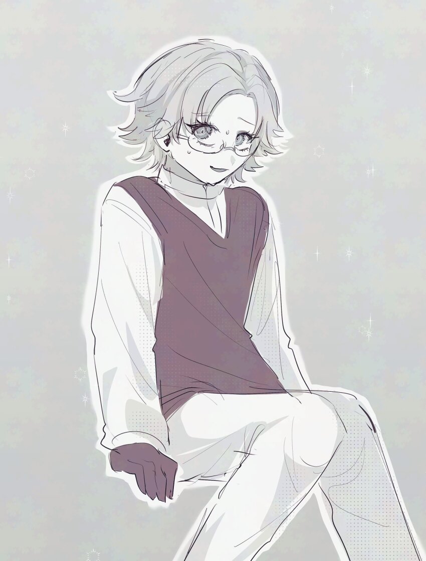 1boy aged_down aotsuki_eito glasses gloves greyscale highres invisible_chair long_sleeves looking_at_viewer male_focus monochrome pants shirt short_hair simple_background sitting sketch solo sweat sweater_vest takonaka the_hundred_line_-last_defense_academy-