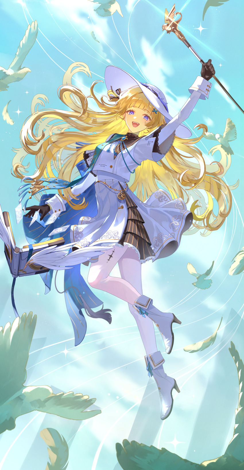 1girl :d absurdres black_bow black_collar black_gloves blonde_hair blue_eyes blue_gemstone blue_sash book boots bow breasts collar commentary full_body gem gloves hair_bow hair_ornament hair_spread_out hat high-waist_skirt highres holding holding_staff long_hair long_sleeves looking_at_viewer medium_breasts open_book open_mouth outdoors pantyhose phoebe_(wuthering_waves) salman_(salman_dw) sash shirt skirt smile solo staff striped_bow tacet_mark_(wuthering_waves) very_long_hair white_boots white_hat white_pantyhose white_shirt white_skirt wuthering_waves x_hair_ornament