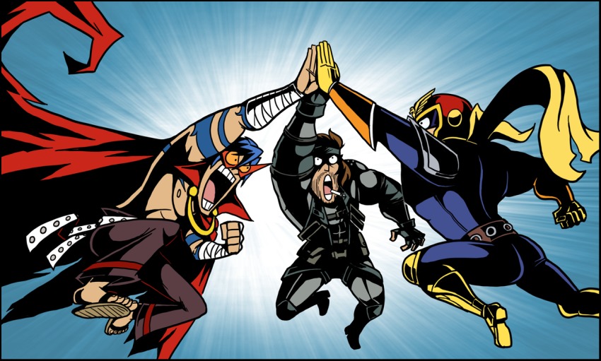 3boys beard blue_background cape captain_falcon captainosaka cigarette commission crossover epic f-zero facial_hair headband helmet high_five kamina_(ttgl) kamina_shades male_focus manly metal_gear_(series) metal_gear_solid multiple_boys multiple_crossover nintendo pouch scarf solid_snake sunglasses tattoo tengen_toppa_gurren_lagann topless_male triangular_eyewear
