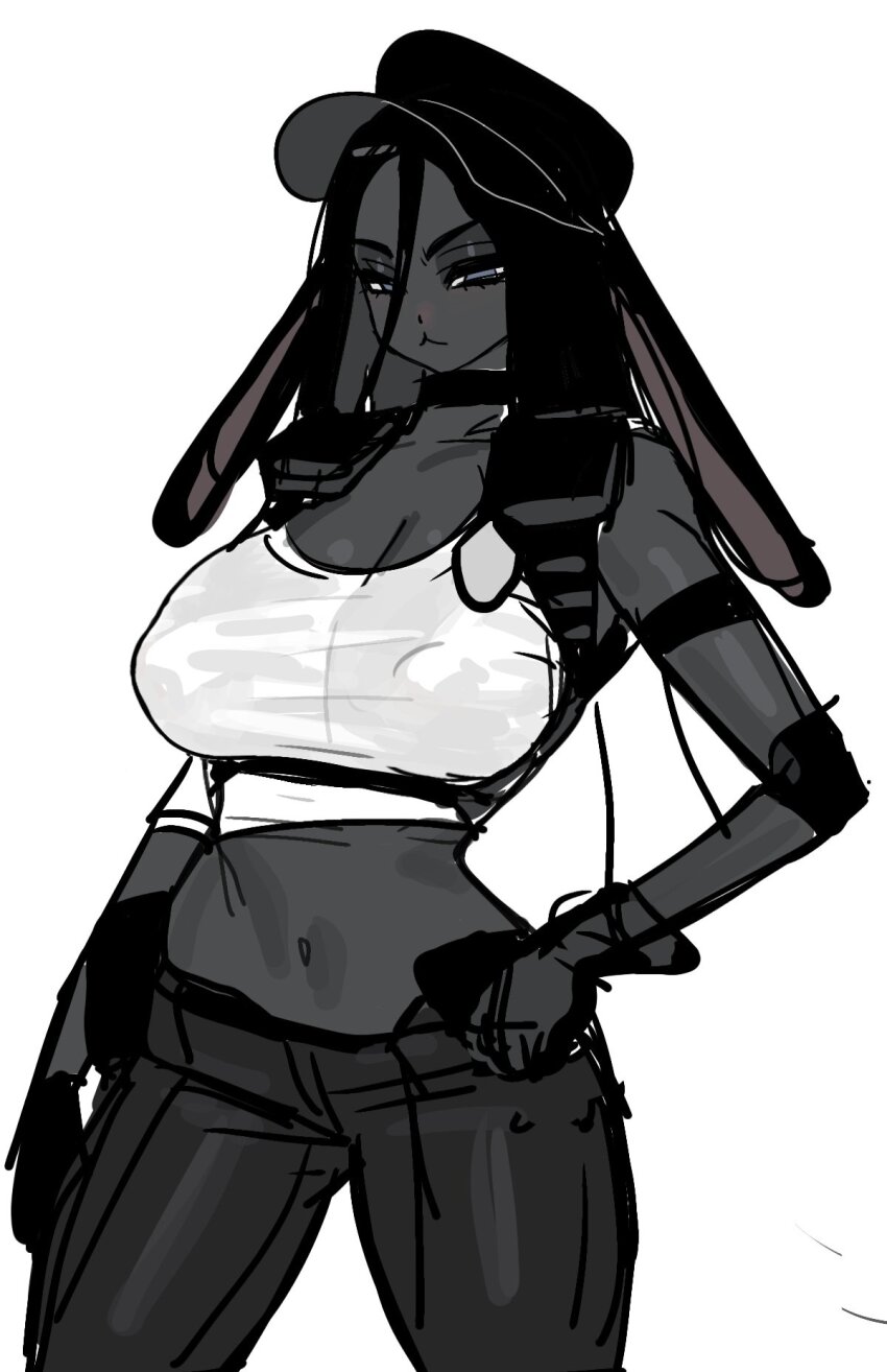 1girl :&lt; animal_ears black_hair breasts choker cleavage closed_mouth contrapposto covered_erect_nipples crop_top cropped_legs dark_skin eeeeee03714610 elbow_gloves elbow_pads gloves hand_on_own_hip hands_on_own_hips hat highres large_breasts long_hair looking_at_viewer midriff navel original pants rabbit_ears rabbit_girl sketch solo tank_top white_background