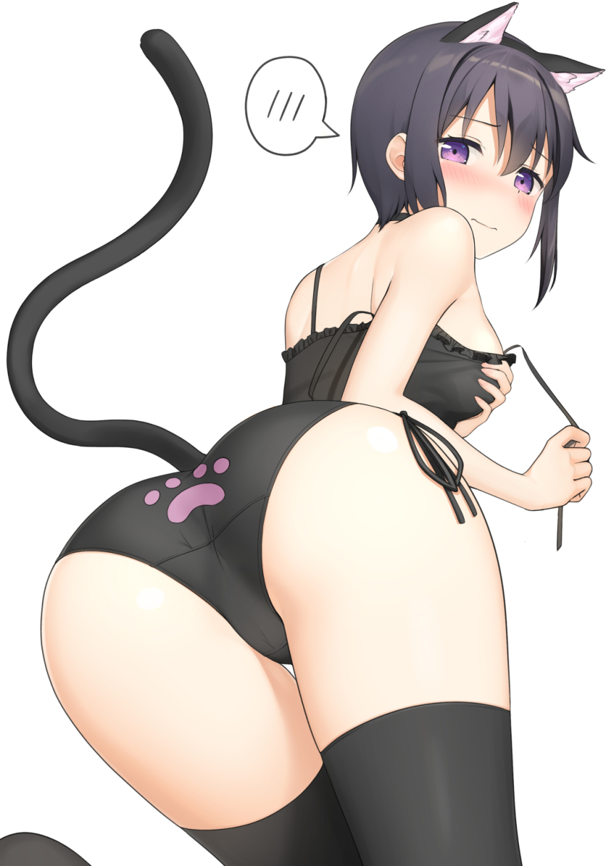1girl animal_ears apollo_(hu_maple) ass back-print_panties bent_over black_bra black_choker black_hair black_thighhighs blush bra breasts cat_ears cat_lingerie cat_tail choker closed_mouth commentary crotch_seam frilled_bra frills from_behind frown grabbing_own_breast half-closed_eyes highres leaning_forward looking_at_viewer looking_back meme_attire original panties paw_print print_panties purple_eyes short_hair side-tie_panties simple_background solo spoken_blush standing tail thigh_gap thighhighs underwear underwear_only untying white_background