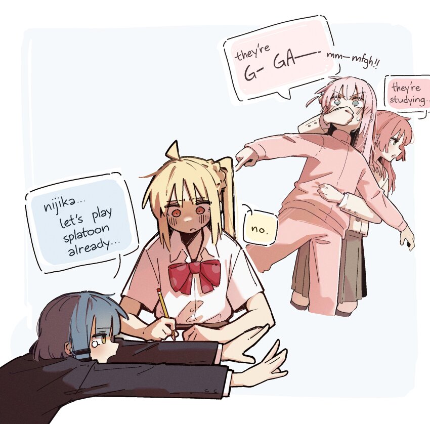 4girls absurdres ahoge black_shirt blonde_hair blue_hair bocchi_the_rock! bow brown_cardigan cardigan covering_another&#039;s_mouth english_text gotoh_hitori highres holding holding_pencil ijichi_nijika kessoku_band kita_ikuyo long_hair long_sleeves machuuu68 multiple_girls pencil pink_hair pink_track_suit polka_dot polka_dot_bow red_eyes red_hair school_uniform shimokitazawa_high_school_uniform shirt shuka_high_school_uniform side_ahoge side_ponytail simple_background skirt sweatdrop tearing_up tears track_suit white_shirt yamada_ryo yellow_eyes