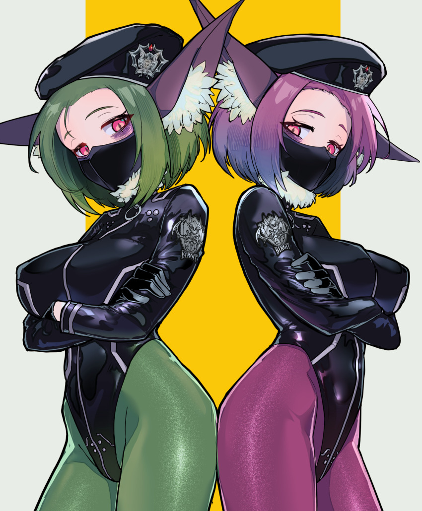 2girls animal_ear_fluff animal_ears beret black_gloves breasts crossed_arms fur_collar gloves green_hair hat highres jacket large_breasts leather leather_jacket leather_leotard looking_at_viewer mask mouth_mask multiple_girls original pantyhose purple_hair red_eyes ryuu_tou short_hair standing two-tone_background