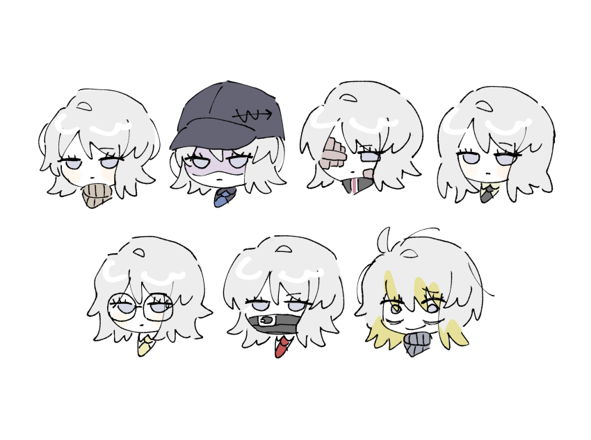 6+girls baseball_cap black_hat blonde_hair blue_eyes commentary_request e.g.o_(project_moon) faust_(project_moon) gauze gauze_on_face gauze_over_eye glasses hat highres kitaku_(ienikaeru) limbus_company lobotomy_corporation lobotomy_corporation_(identity)_(project_moon) lobotomy_corporation_remnant_(identity)_(project_moon) looking_at_viewer multicolored_hair multiple_girls multiple_persona n_corp._fanatic_(identity)_(project_moon) necktie project_moon red_necktie regret_(e.g.o) seven_association_(identity)_(project_moon) short_hair streaked_hair w_corp._(identity)_(project_moon) white_hair zwei_association_(identity)_(project_moon) zwei_south_(identity)_(project_moon)