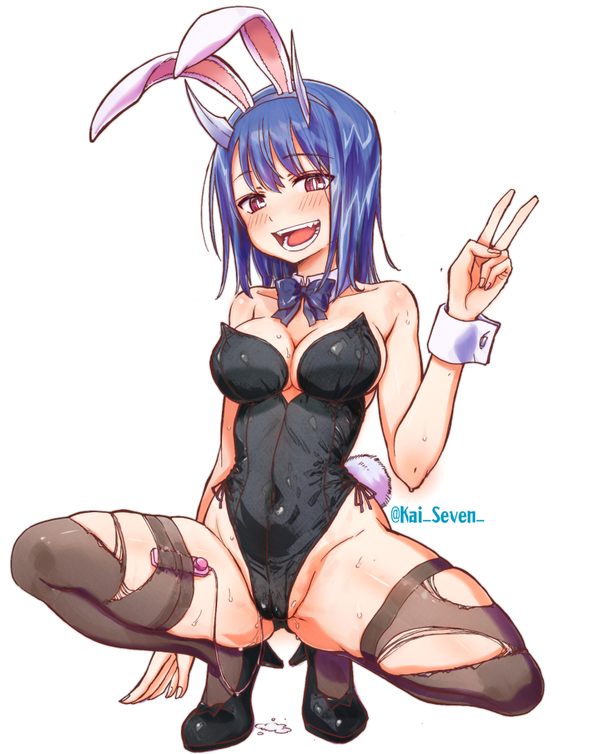 1girl animal_ears aoki_ruri black_leotard blue_hair blush bow bowtie breasts covered_navel detached_collar dragon_girl dragon_horns fake_animal_ears fake_tail fangs highleg highleg_leotard highres horns kaishaku leotard looking_at_viewer medium_breasts medium_hair open_mouth pantyhose playboy_bunny rabbit_ears rabbit_tail red_eyes remote_control_vibrator ruri_dragon sex_toy slit_pupils solo squatting strapless strapless_leotard tail thighhighs torn_clothes torn_thighhighs traditional_bowtie v vibrator white_background white_wrist_cuffs wrist_cuffs