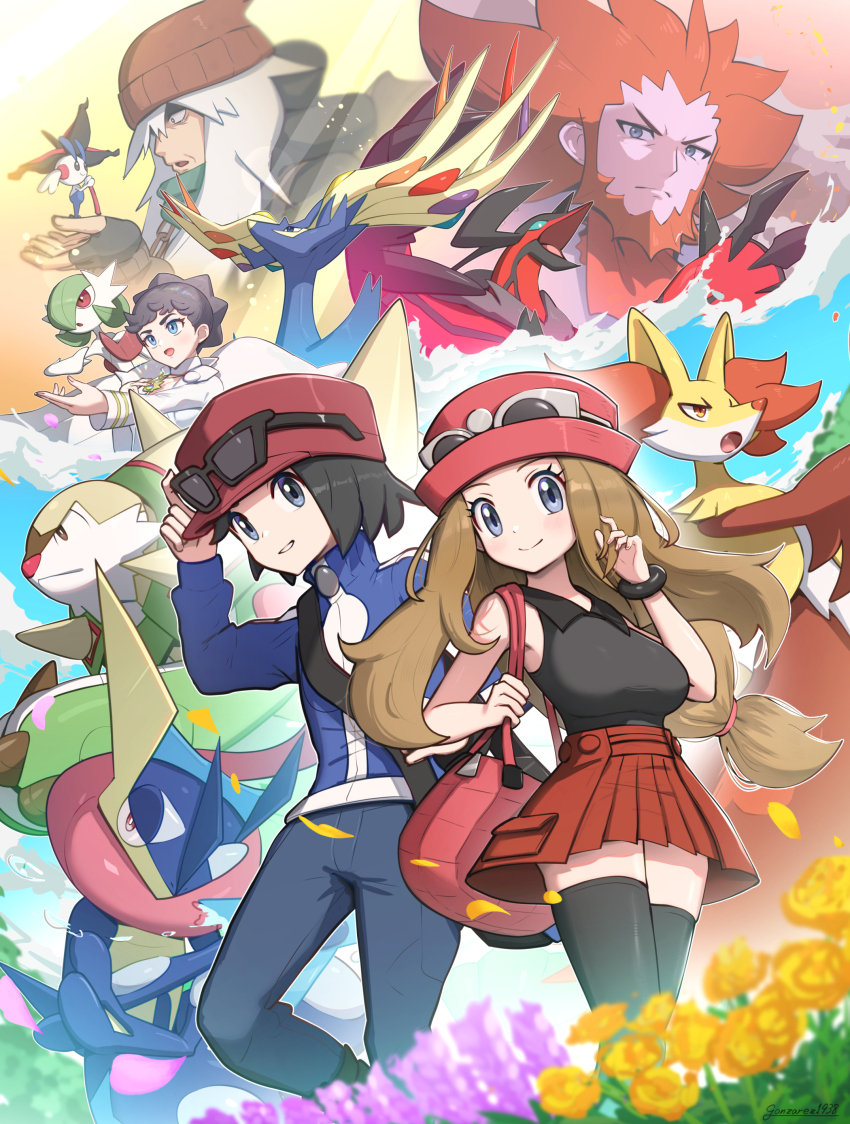 2girls 3boys absurdres az_(pokemon) bag beanie beard black_gloves black_hair black_thighhighs blonde_hair breasts calem_(pokemon) chesnaught closed_mouth delphox diantha_(pokemon) eyewear_on_headwear facial_hair fingerless_gloves floette floette_(eternal) gardevoir gen_3_pokemon gen_6_pokemon gloves gonzarez greninja hand_on_headwear hat highres jacket large_breasts legendary_pokemon lysandre_(pokemon) mega_gardevoir mega_pokemon miniskirt multiple_boys multiple_girls nintendo orange_hair pleated_skirt pokemon pokemon_(creature) pokemon_xy red_jacket red_skirt serena_(pokemon) skirt sleeveless smile thighhighs white_hair xerneas yveltal zettai_ryouiki
