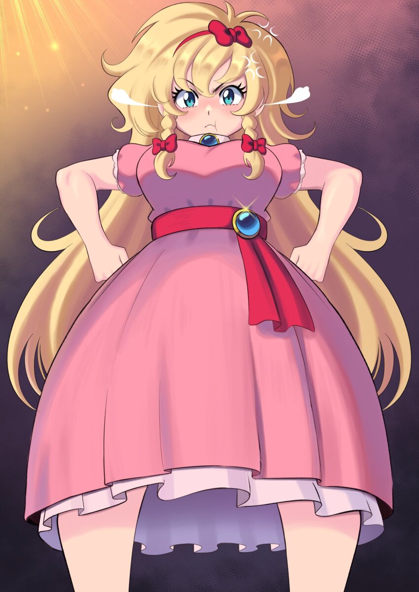 1girl angry blonde_hair blue_eyes bow braid castlevania:_rondo_of_blood castlevania_(series) cowboy_shot dress dutch_angle hair_between_eyes hair_bow highres long_hair maria_renard ninelean pink_dress pout puffy_short_sleeves puffy_sleeves short_sleeves solo standing twin_braids