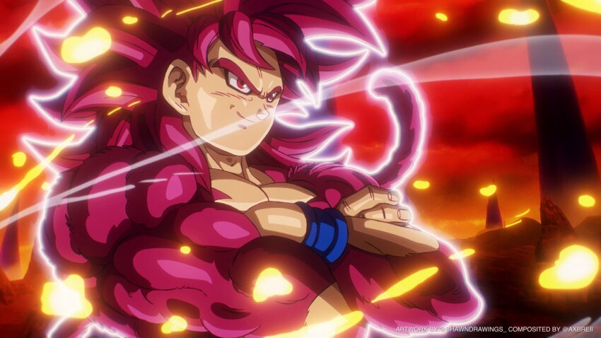 1boy body_fur crossed_arms dragon_ball dragon_ball_daima highres long_hair male_focus monkey_tail red_eyes red_fur red_hair red_tail shawndrawings smirk solo son_goku spiked_hair super_saiyan super_saiyan_4 tail upper_body
