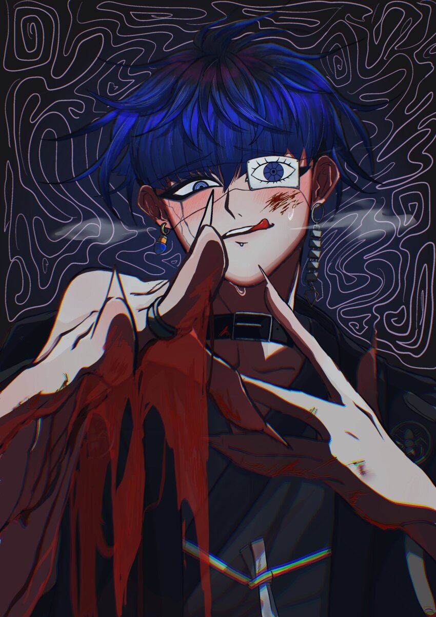 1boy animal_print black_background black_eyeshadow black_hair black_haori blood blood_drip blood_on_face blood_on_hands blue_eyes blue_hair blush breath chin_piercing choker chromatic_aberration cracked_skin earrings eye_print eyepatch eyeshadow face_piercing fingernails hands_up haori highres japanese_clothes jewelry looking_at_viewer makeup male_focus multicolored_hair omokage_yugamu outstretched_arm outstretched_hand piercing ponpon_pomeme print_eyepatch sharp_fingernails short_hair solo spider_print sweatdrop the_hundred_line_-last_defense_academy- tongue tongue_out upper_body