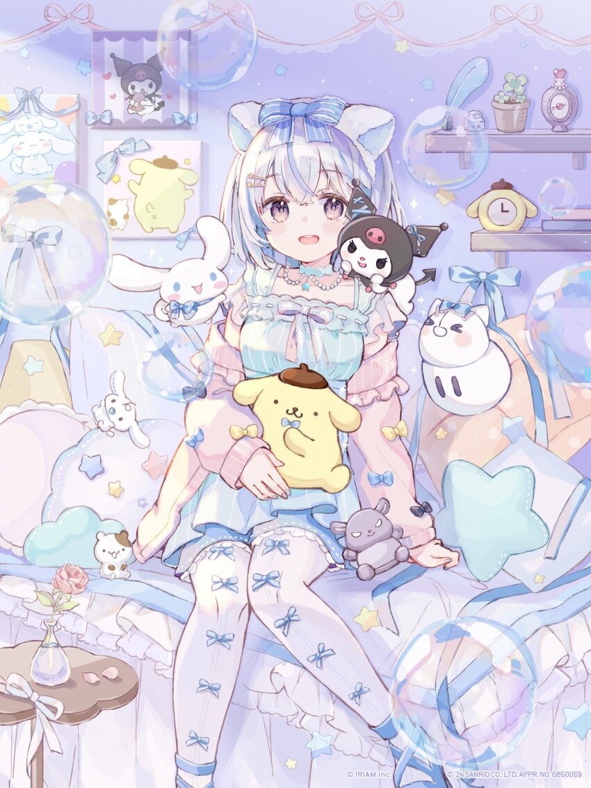 1girl alarm_clock alternate_costume baku_(onegai_my_melody) bedroom black_bow blue_bow blue_choker blue_dress blue_footwear blue_hair book bottle bow bubble choker cinnamoroll clock commentary copyright_name dress english_commentary feathers flower frilled_dress frilled_pillow frills fuwa_fuwa_cinnamoroll hair_bow headband heart heart-shaped_pillow highres inkwell iriam kuromi looking_at_viewer milk_(cinnamoroll) miria_(iriam) muffin_(sanrio) multicolored_hair official_art onegai_my_melody open_mouth pantyhose petals pillow pompompurin purple_eyes purple_sweater red_flower rose sanrio shirasu_(iriam) sitting star-shaped_pillow star_(symbol) streaked_hair striped_clothes striped_dress sweater table teeth tongue two-tone_hair upper_teeth_only vase vertical-striped_clothes vertical-striped_dress virtual_youtuber white_hair white_pantyhose yellow_bow yume_kawaii