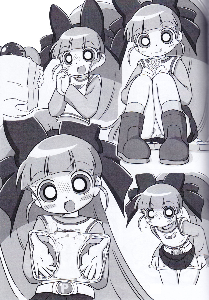 akazutsumi_momoko bad_tag bag bare_legs belt blossom_(ppg) blush bow cartoon_network crepe donut eating food food_print fruit_print hungry hyper_blossom large_bow legs loli mochi-iri_kinchaku panties panty_focus ponytail pov powerpuff_girls powerpuff_girls_z removing_panties shirt shoes sitting skirt small_boots smell socks standing strawberry_print strawnberry_panties sweets toei_company tongue tongue_out underwear warner_bros.