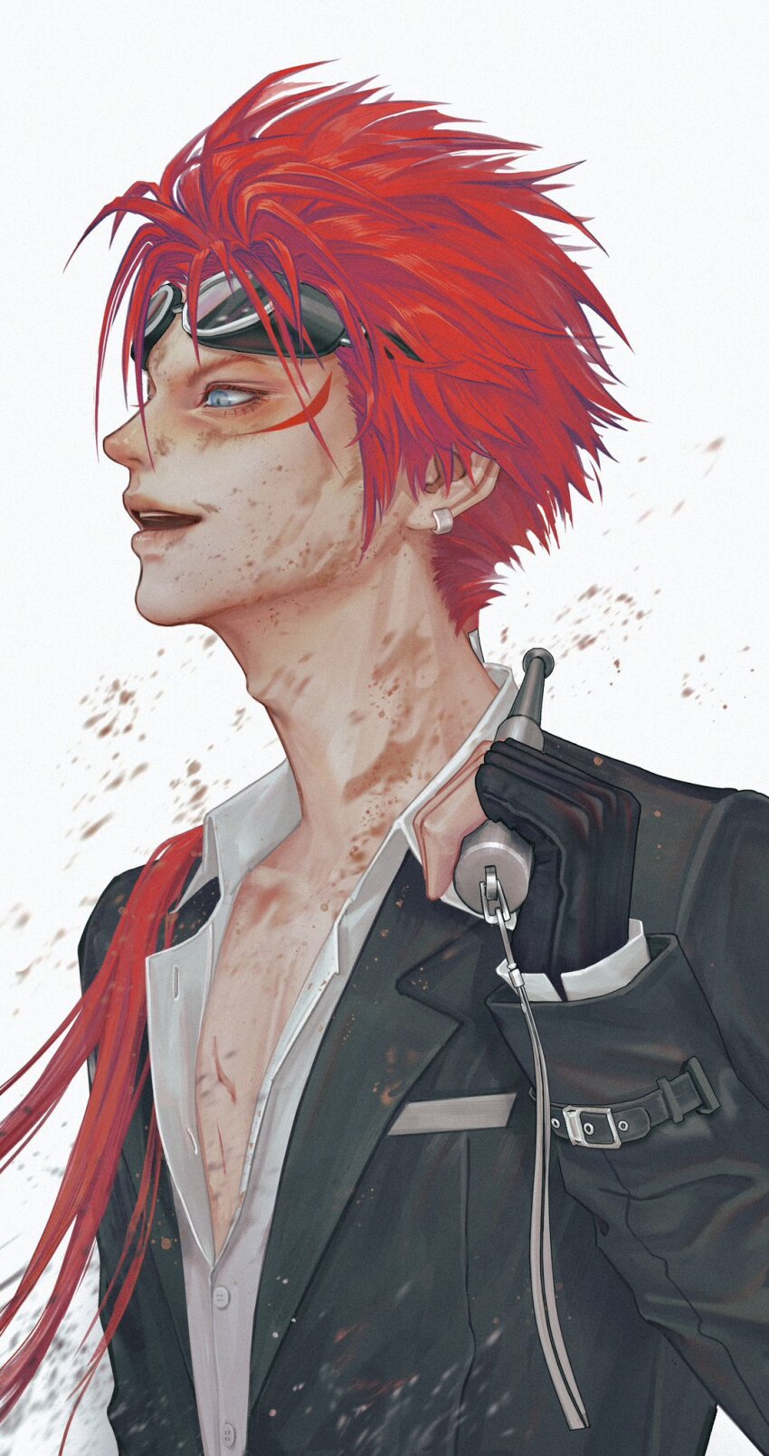 1boy black_gloves black_jacket blue_eyes collarbone collared_shirt commentary_request earrings facial_mark final_fantasy final_fantasy_vii final_fantasy_vii_remake fingerless_gloves gloves goggles goggles_on_head hair_over_shoulder highres holding holding_weapon jacket jewelry long_sleeves male_focus niuuage open_mouth over_shoulder red_hair reno_(ff7) shirt solo turks_(ff7) upper_body weapon white_shirt