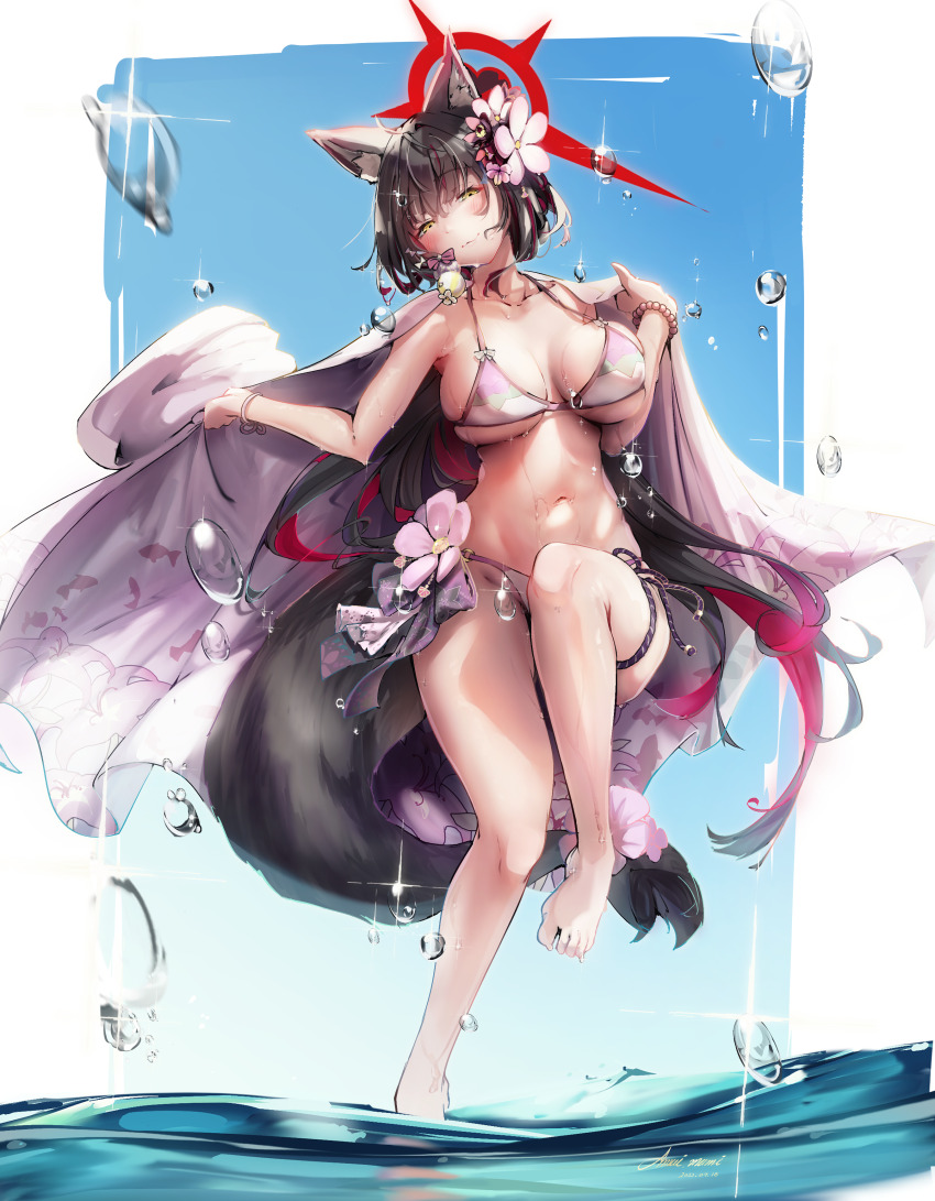 1girl absurdres amamami_prime animal_ear_fluff barefoot black_hair blue_archive blush breasts cleavage closed_mouth colored_inner_hair flower fox_girl fox_tail hair_between_eyes hair_flower hair_ornament haori highres japanese_clothes large_breasts long_hair looking_at_viewer multicolored_hair navel pink_flower purple_flower purple_haori red_hair smile solo stomach tail thigh_strap two-tone_hair wakamo_(blue_archive) yellow_eyes