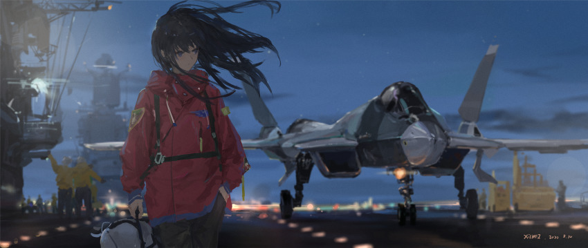 1girl 2020 aircraft aircraft_carrier aircraft_marshaller airplane artist_name black_hair blue_eyes blurry closed_mouth cloud commentary cowboy_shot dated depth_of_field evening floating_hair green_pants hair_between_eyes hand_in_pocket highres holding jet long_hair looking_away looking_to_the_side military military_vehicle original outdoors pants runway scenery ship sky solo_focus standing su-57 vehicle_focus warship watercraft wind xilmo