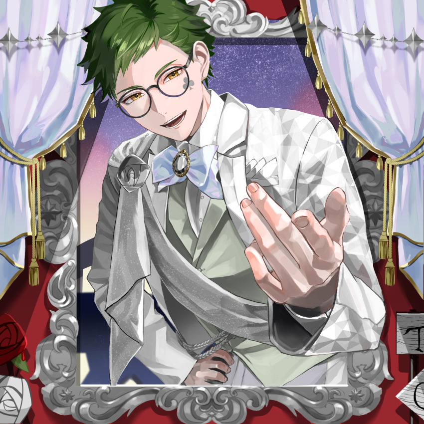 1boy beckoning chikuwa_glasses commentary_request curtains formal_clothes glasses green_hair green_vest hand_up highres looking_at_viewer male_focus picture_frame short_hair solo star_(sky) starry_sky_background suit sunset trey_clover twisted_wonderland vest white_suit yellow_eyes