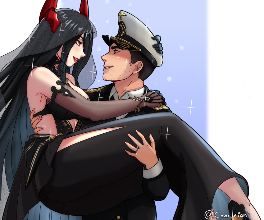 1boy 1girl azur_lane black_dress black_gloves black_hair black_veil box breasts brown_eyes carrying charleian cleavage commander_(azur_lane) dress elbow_gloves eye_contact friedrich_der_grosse_(azur_lane) friedrich_der_grosse_(zeremonie_of_the_cradle)_(azur_lane) gloves hat high_heels highres horns long_hair looking_at_another mechanical_horns military military_uniform naval_uniform peaked_cap princess_carry red_horns smile sparkle veil very_long_hair