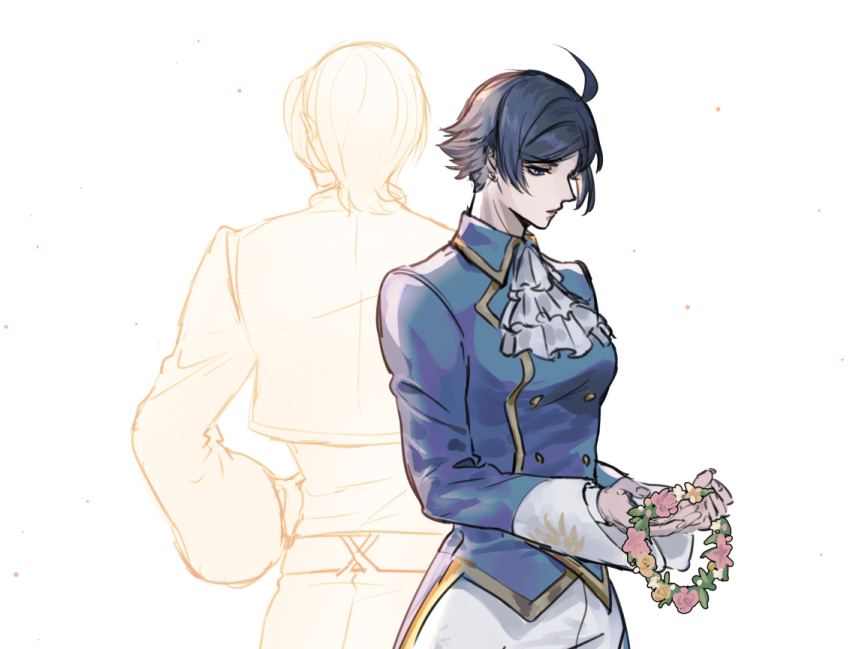 1boy 1girl ahoge ascot ash_crimson black_hair blue_jacket breasts buttons cropped_jacket double-breasted elisabeth_blanctorche facing_away flower gold_trim hand_on_own_hip head_wreath holding holding_flower jacket kurokawa_karasu long_sleeves medium_breasts medium_hair pants parted_bangs puffy_long_sleeves puffy_sleeves short_hair the_king_of_fighters the_king_of_fighters_xiii white_ascot white_background white_pants