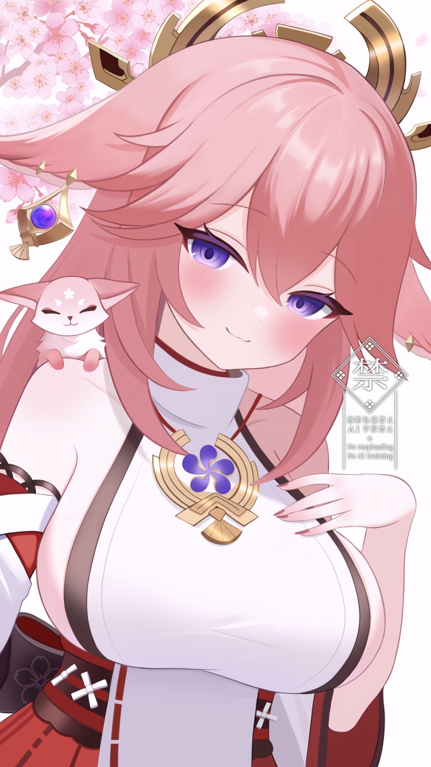 1girl absurdres animal animal_ears animal_on_shoulder animalization bare_shoulders blush breasts closed_mouth collarbone commentary_request detached_sleeves earrings fingernails fox_ears fuminshou_(nekopan_art) genshin_impact hair_between_eyes hand_up highres jewelry large_breasts long_hair nail_polish nontraditional_miko pink_hair pink_nails purple_eyes shirt sideboob smile very_long_hair white_shirt yae_miko yae_miko_(fox)