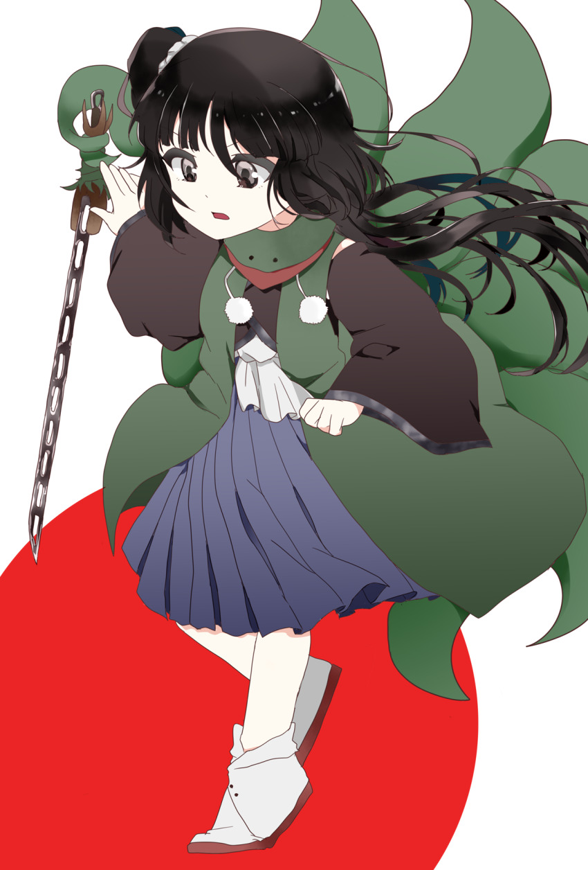 1other adagumo_no_yaorochi androgynous bare_shoulders black_hair black_kimono blue_hakama blunt_bangs bottle_opener brown_sandals circle clenched_hand commentary_request detached_sleeves dot_nose floating_hair full_body green_jacket green_scarf grey_eyes hair_between_eyes hair_ornament hair_scrunchie hakama hakama_skirt highres jacket japanese_clothes jinbaori kijipoko kimono len&#039;en long_sleeves looking_ahead multiple_tails open_mouth other_focus outstretched_arm pom_pom_(clothes) prehensile_tail red_scarf sandals scarf scrunchie short_kimono side_ponytail skirt sleeveless sleeveless_kimono snake_tail socks solo sword_of_kusanagi tail tasouken white_background white_scrunchie white_socks wide_sleeves wind