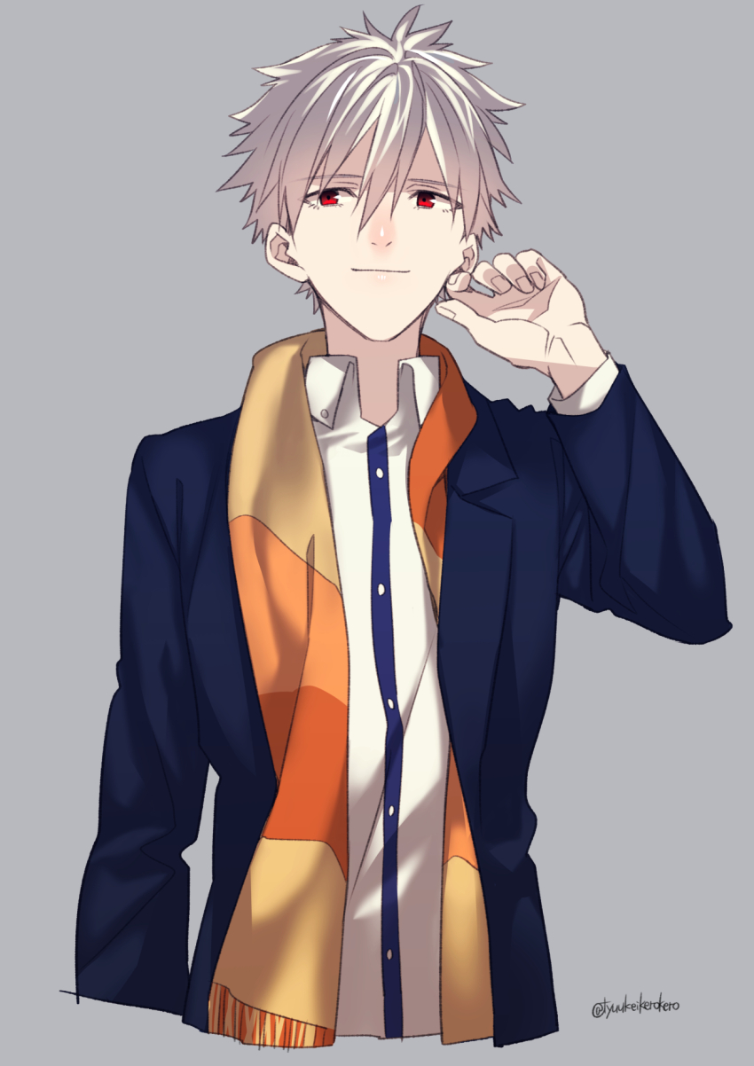 1boy arm_up blue_jacket closed_mouth collared_shirt commentary_request cropped_torso dress_shirt grey_background hair_between_eyes highres jacket lapels looking_to_the_side male_focus mushi_kei nagisa_kaworu neon_genesis_evangelion notched_lapels open_clothes open_jacket orange_scarf red_eyes scarf shirt short_hair sideways_glance simple_background smile solo striped_clothes striped_scarf suit_jacket twitter_username white_hair wing_collar