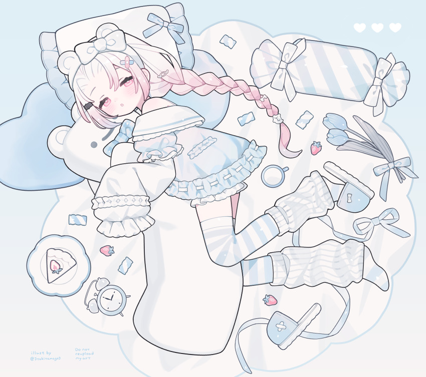 1girl :o absurdres alarm_clock bare_shoulders blue_dress blue_slippers blue_thighhighs blush braid cake cake_slice clock commentary dress food frilled_sleeves frills full_body highres leg_warmers long_hair long_sleeves looking_at_viewer lying nijisanji off-shoulder_dress off_shoulder on_side parted_lips pillow pink_hair plate red_eyes shiina_yuika single_braid sleeves_past_fingers sleeves_past_wrists slippers solo striped_clothes striped_thighhighs symbol-only_commentary thighhighs tokareta_tamago twitter_username virtual_youtuber