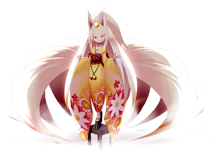 1girl animal_ears blonde_hair commentary_request flat_chest floral_print fox_ears fox_girl full_body gen_1_pokemon highres kitsune kyuubi long_hair looking_at_viewer multiple_tails neck_o ninetales nintendo okobo personification platform_clogs platform_sandals pokemon red_eyes sandals simple_background smile solo tabi tail very_long_hair white_background wide_sleeves